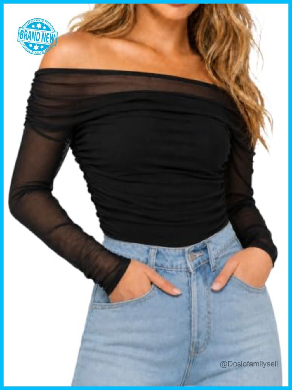 Sheer Mesh Off Shoulder Ruched Long Sleeve Blouse